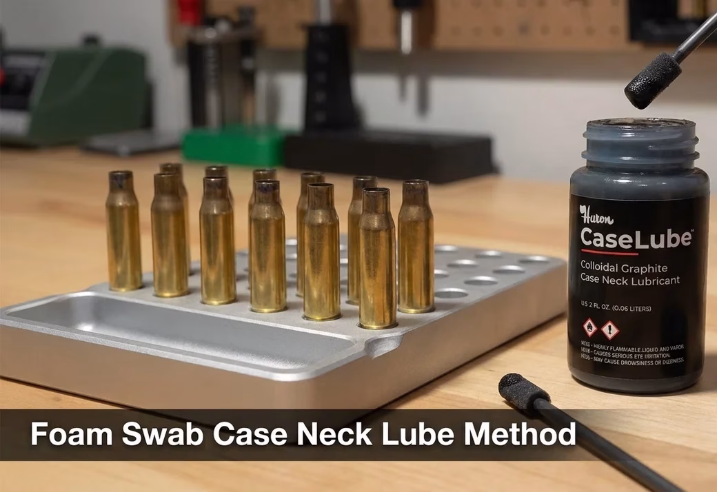 CaseLube bottle with brass cases and foam swab for applying liquid graphite to case necks.