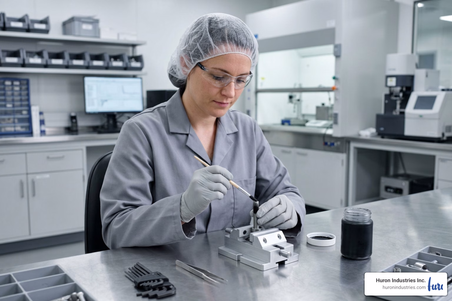 technician applying fast-drying black dry-film lubricant to threaded fastener in clean precision lab